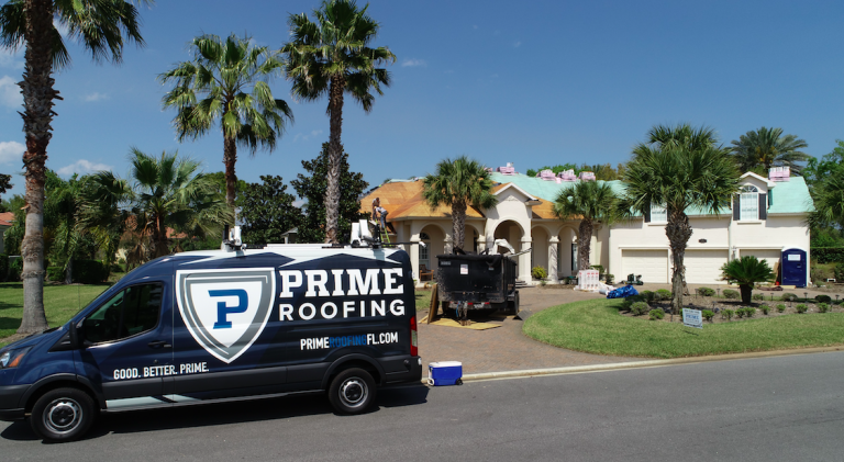 Prime Roofing service van parked outside St Augustine home during roof replacement