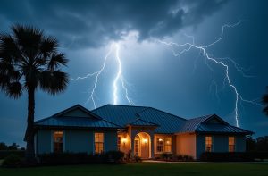 Florida home with metal roof under thunderstorm, addressing the question: do metal roofs attract lightning?