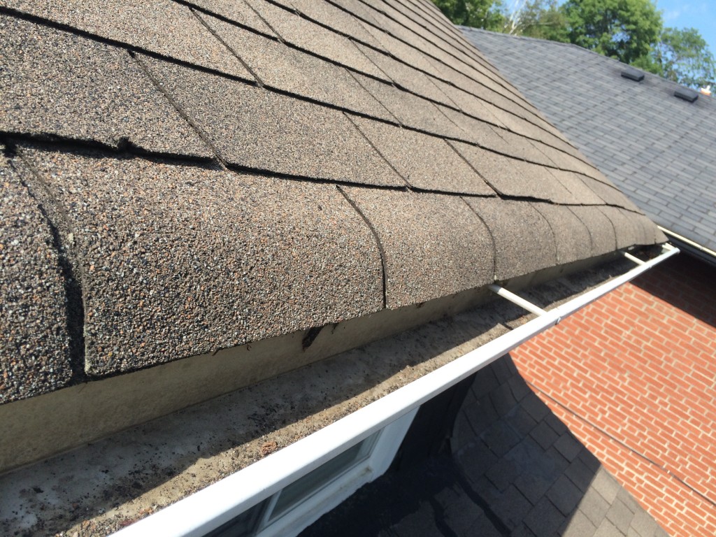 Close-up of roofing granules clogging a gutter — an overlooked cause of roof leaks