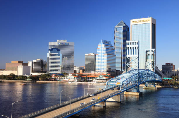 Jacksonville, FL city skyline with modern buildings and blue sky
