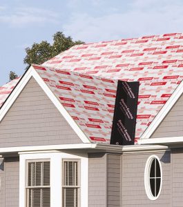 Multi-ridge gable roof with underlayment tape applied during installation of essential roofing components
