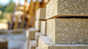 Stacked hempcrete blocks representing sustainable new building materials in 2024