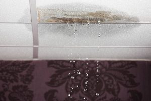 Ceiling leaking onto carpet due to water damage from clogged gutters