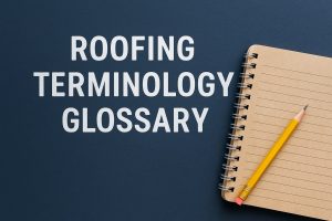 Illustrated roofing terminology glossary with labeled roof parts for homeowners and contractors