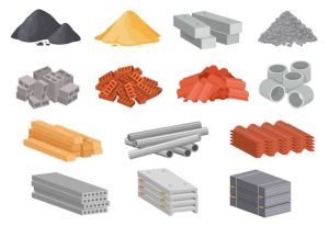 Various construction materials including metal pipes and bricks used in building and roofing