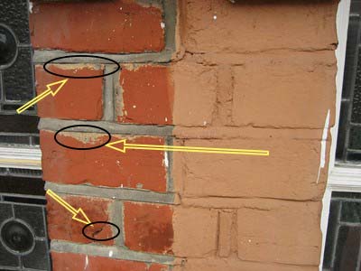 Spalling chimney bricks with arrows pointing to cracks and peeling brick surfaces