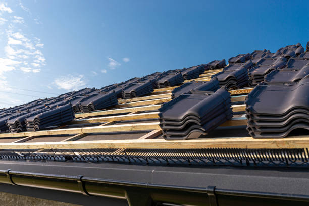 Roof tiles stacked on battens during installation, showing what to expect during tile roof installation on a residential home.