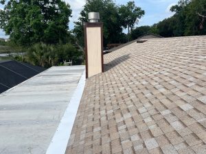 Bare plywood roof sheathing inspected and prepped for underlayment during a Jacksonville roof replacement.