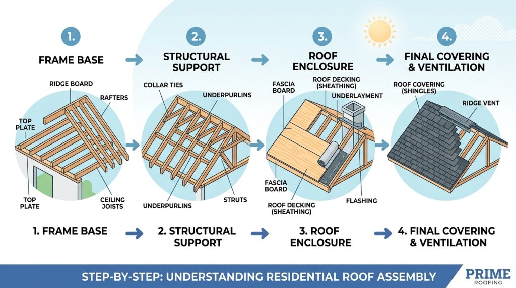 Illustrated diagram showing how a roof frame is assembled in four steps, moving from wall top plates and rafters to structural ties, decking, and final shingles.