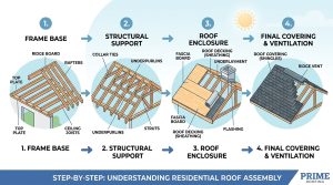 Illustrated diagram showing how a roof frame is assembled in four steps, moving from wall top plates and rafters to structural ties, decking, and final shingles.