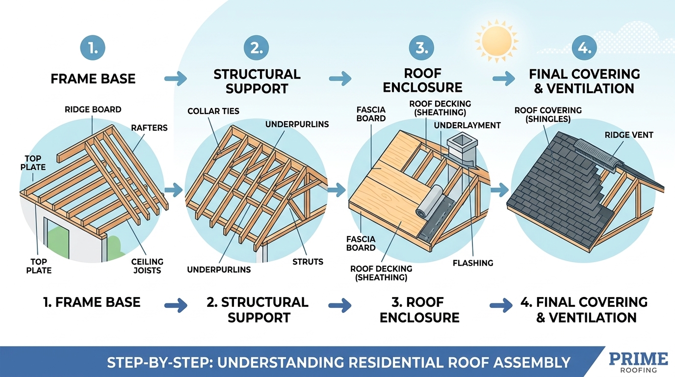Illustrated diagram showing how a roof frame is assembled in four steps, moving from wall top plates and rafters to structural ties, decking, and final shingles.